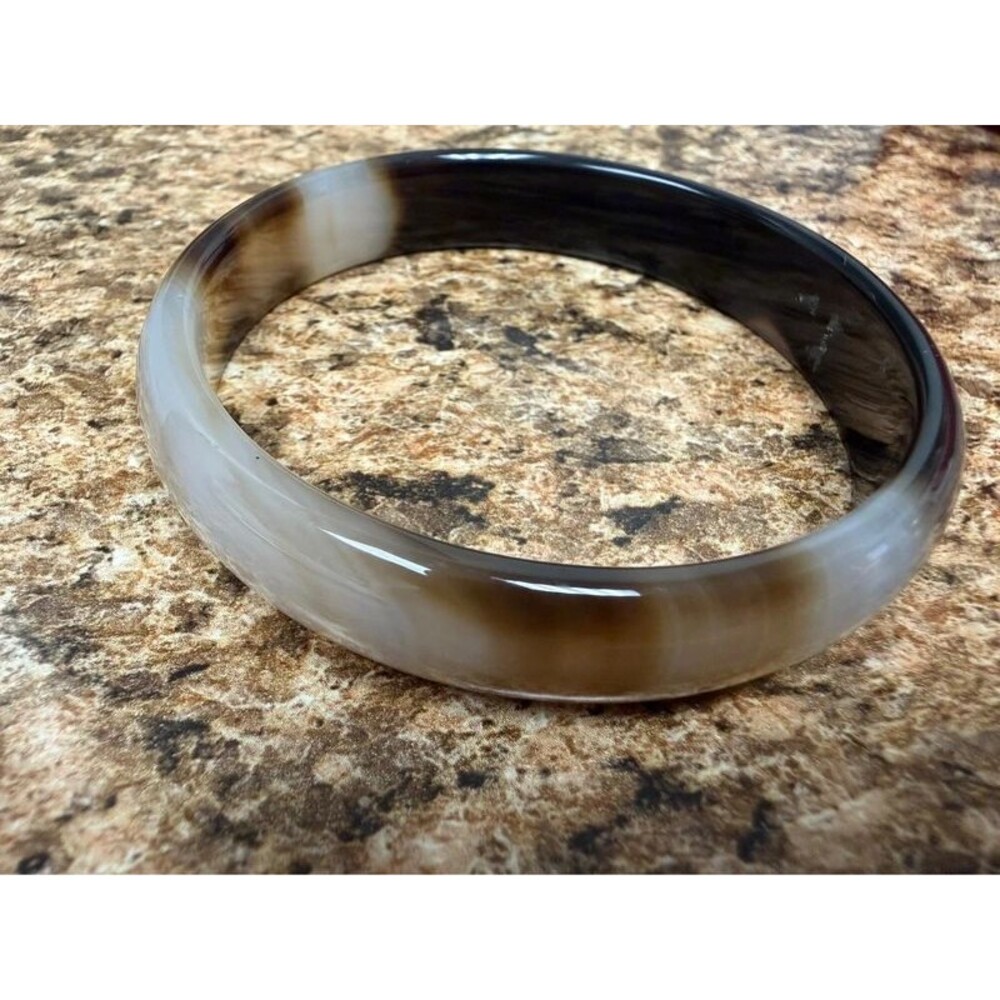 Natural Banded Agate Bangle Bracelet Brown Black Gray Chalcedony Polished Stone